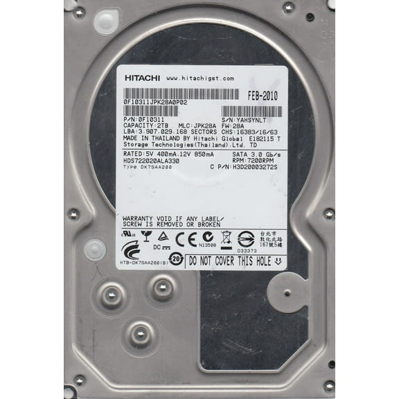 HDS722020ALA330, PN 0F10311, MLC JPK28A, Hitachi 2TB SATA 3.5 Hard Drive