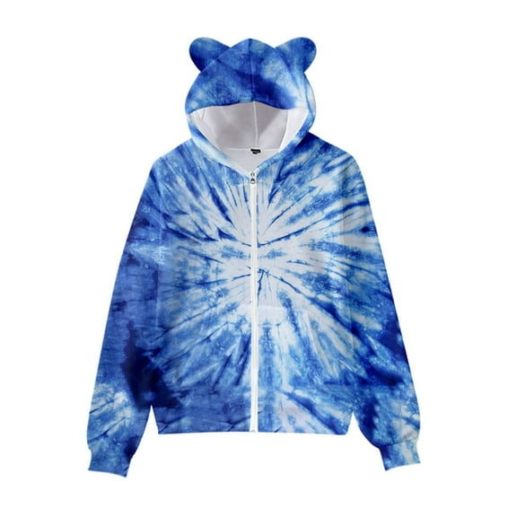 lnmuld Hoodies for Girls Solid Color Autumn and Winter Boy Tie Dye 3D Printed Cat Ears Zipper Hoodie for with Cat Ears Pullover for Girl and Boy Size:6-7 Years