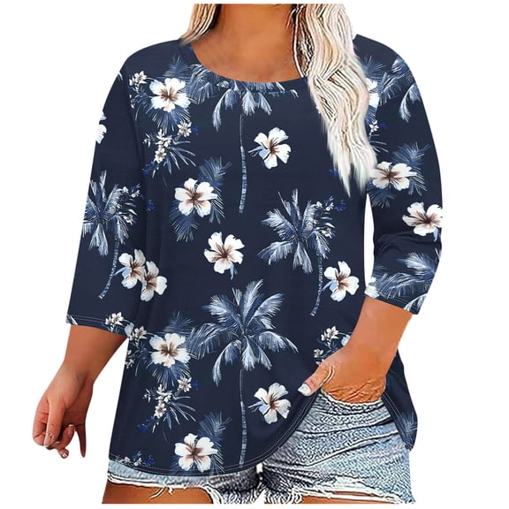 Jsaierl 3/4 Sleeve Tops for Women Plus Size Crew Neck Shirts Dressy Print Ladies Blouses Flowy Cotton Tunic Top L-5XL