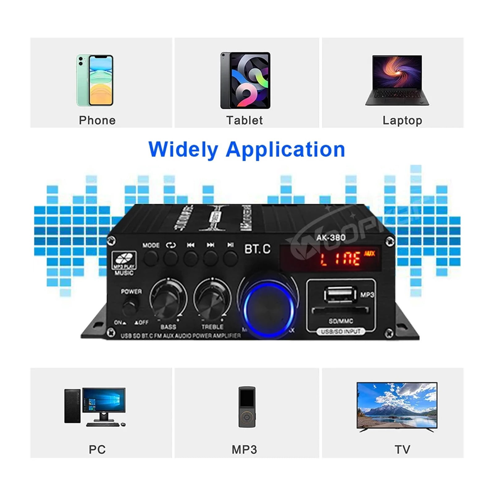 AK380 Digital Amplifier 800W Bluetooth Power AMP Hifi Bass FM Music Subwoofer Media Player Support USB AUX Input