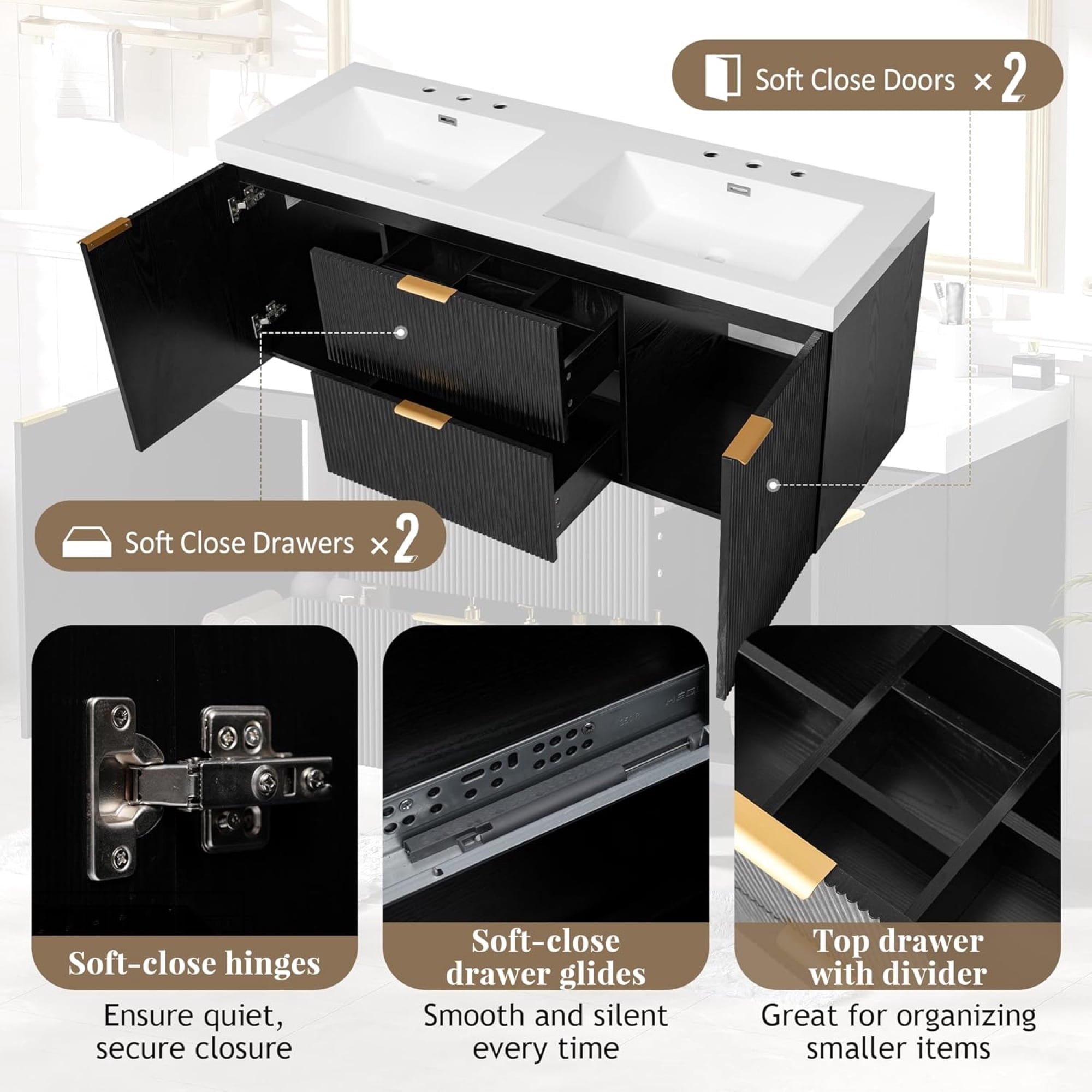 60" Bathroom Vanity with Sink Combo, Floating Double Sink Bathroom Vanity with 4 Drawer, MDF Storage Cabinet with SMC Resin Top, Wall-Mounted Bathroom Vanities (60''-Black)
