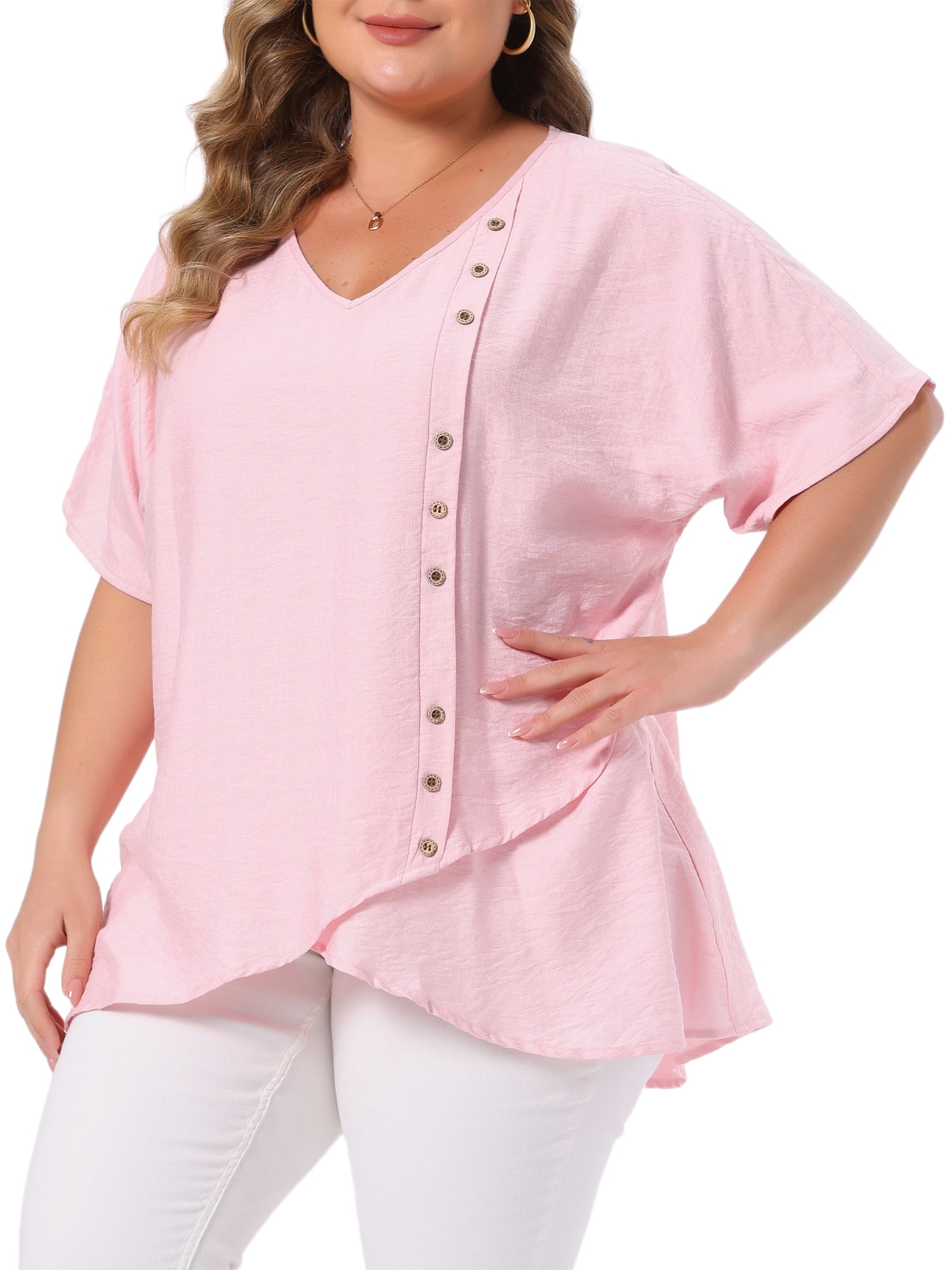 DARING DIVA Women's Plus V Neck Button Irregular Hem Blouses T-Shirts 4X Pink