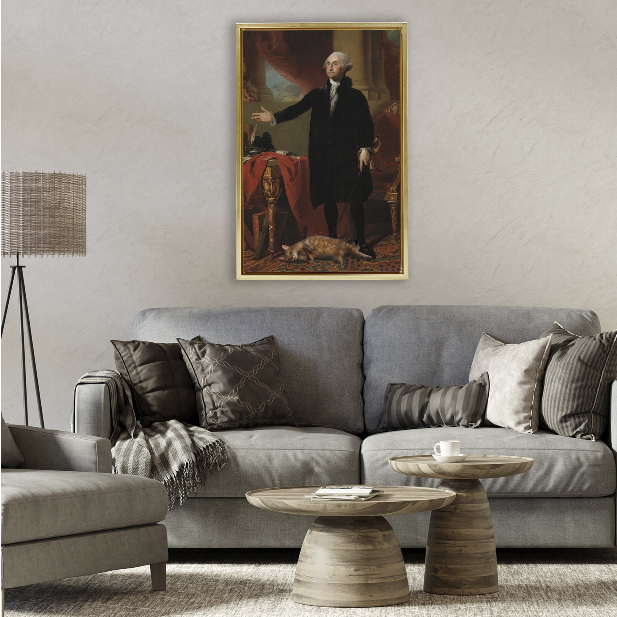 Stupell Industries Purrsuit Of Liberty Historical Cat Gold Framed Floater Canvas Wall Art, design by Sarah Adams