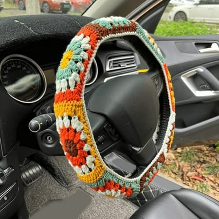 Cute Crochet Steering Wheel Covers Boho for Women Sunflower Car Interior