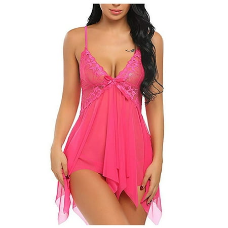

RQYYD Lingerie for Women Floral Lace Babydoll Sleepwear Boudoir Outfits V Neck Mesh Sexy Chemise on Clearance (Hot Pink M)