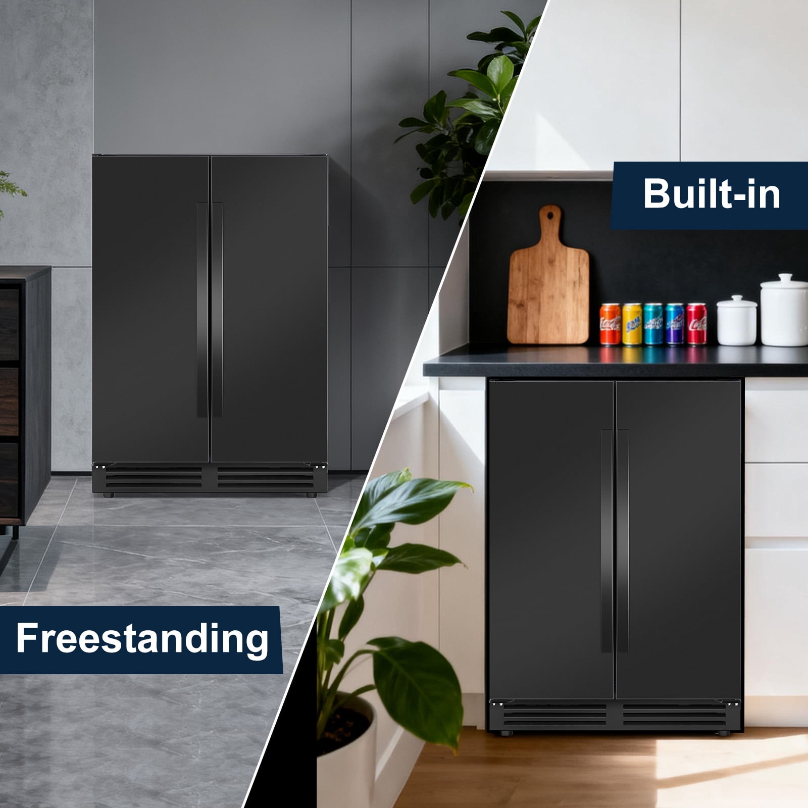 TITTLA Beverage Refrigerator,24 Inch Wide,Dual Zone 120 Cans Built in Wine Fridge Cooler,Double Stainless Steel Doors,Black