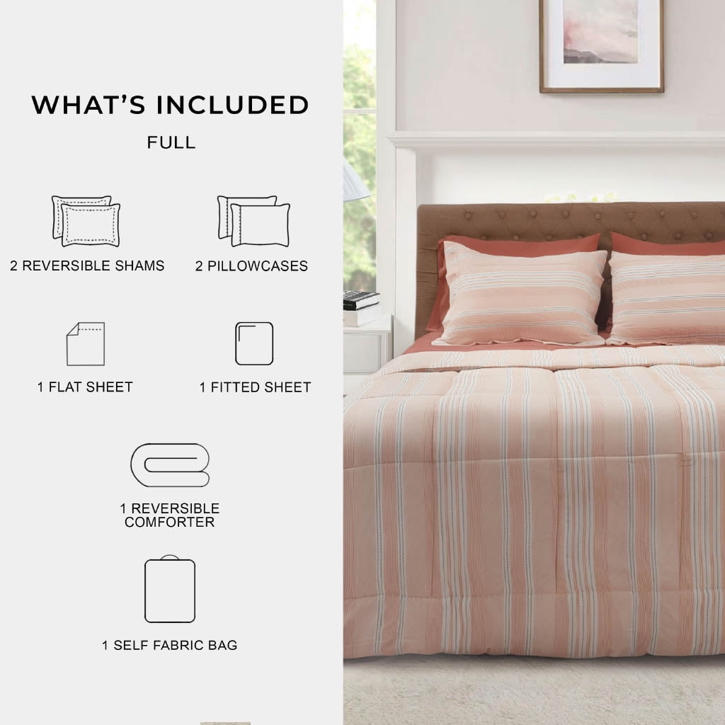 Mainstays All in One Reversible Comforter and Sheet set- 7 Piece, Full, Orange Stripe