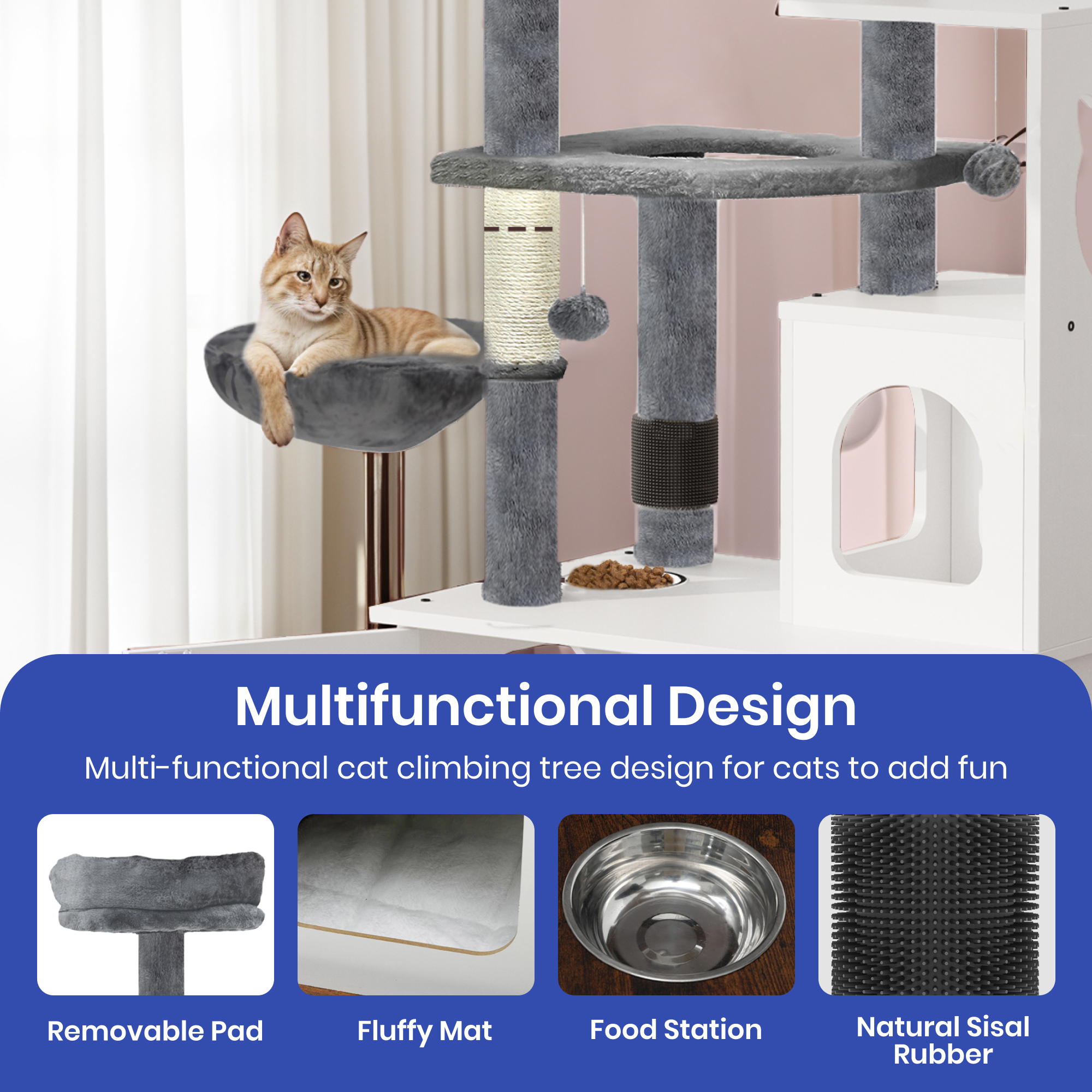 ModFusion Multi-Level Cat Tree Tower, Scratching Posts, Feeding Station, Enclosed Cat Toilet, White & Gray