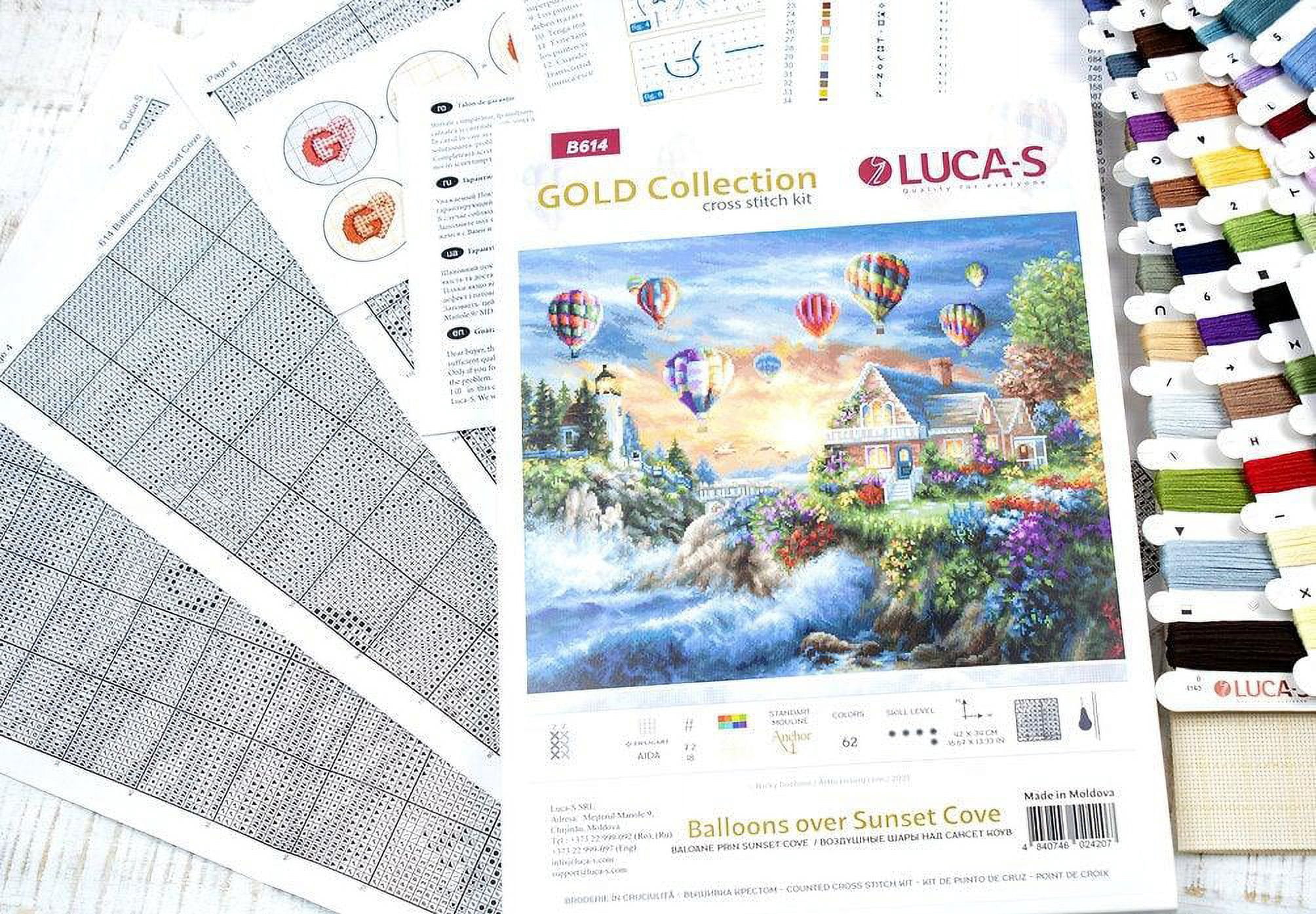 Counted Cross-Stitch Kit Balloons over Sunset Cove B614L Needlework Tree Gras Green Sky Water By Luca-S