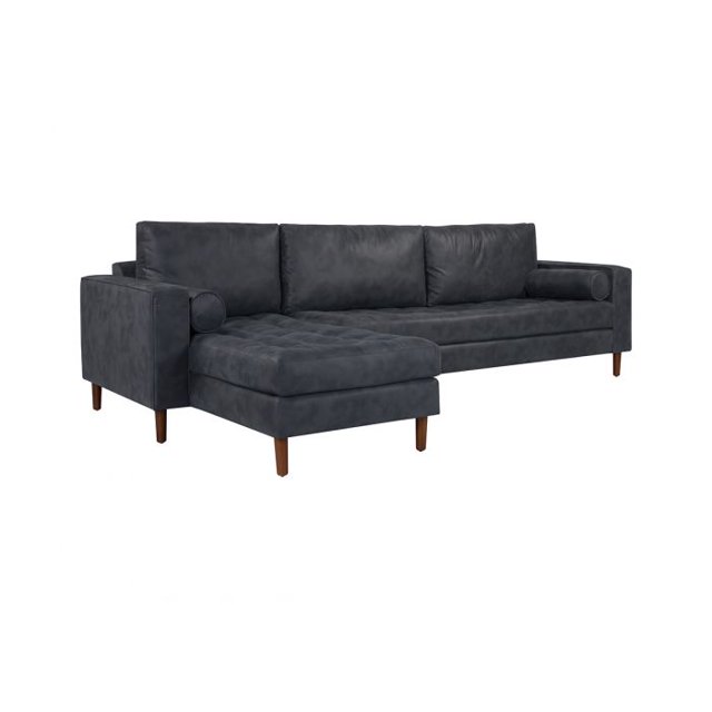 sala esquinera izquierda 4 cuerpos landero - negro Vista 3/4 frontal de sala esquinera izquierda de cuatro cuerpos color negro con chaise longue a la izquierda; tapicería de textura suave, asiento con capitoné, respaldos rectangulares acolchados, dos cojines cilíndricos y patas de madera visibles sobre fondo blanco. También es adecuada para zonas de lectura o entretenimiento.