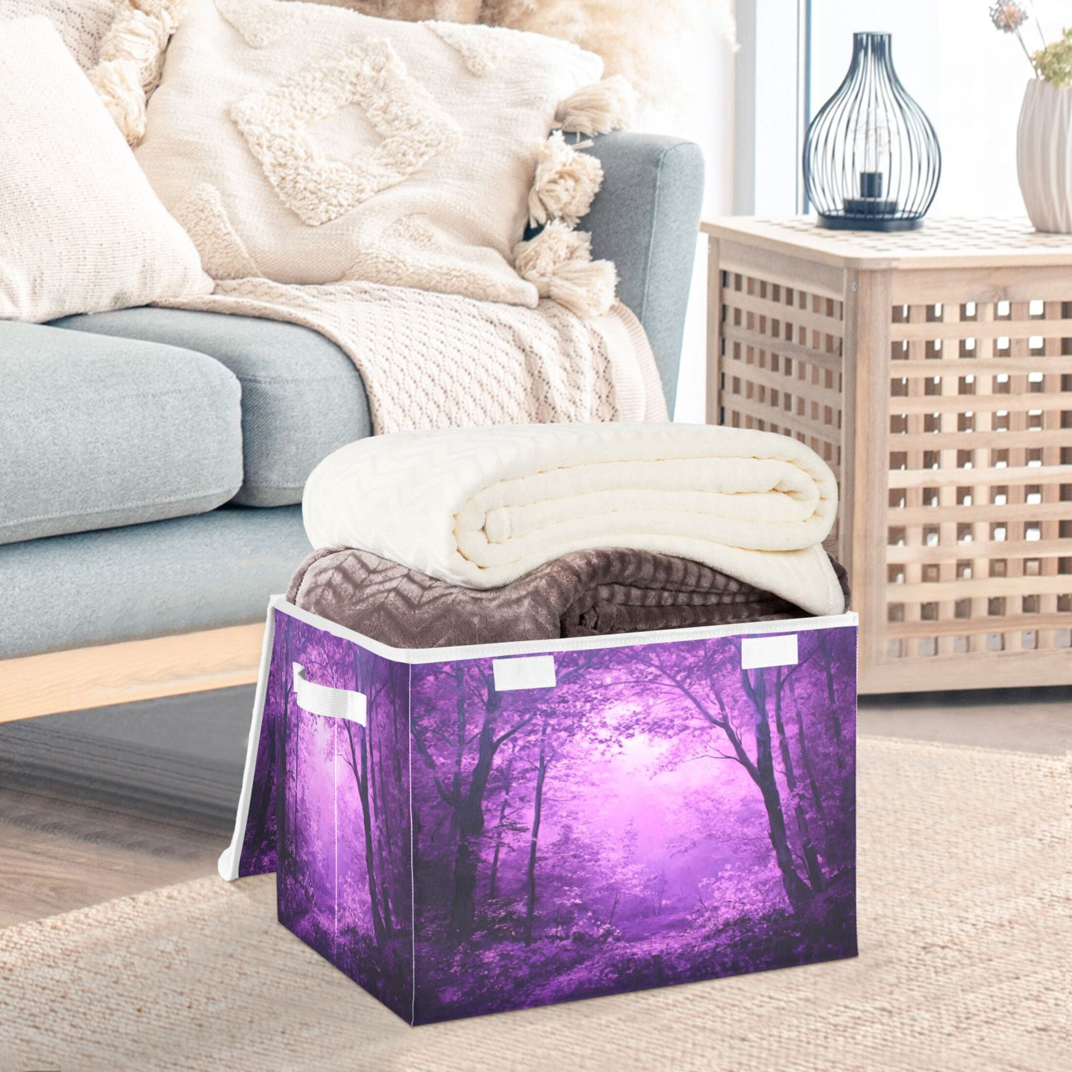 Storage Box With Lid 16.5x12.6x11.8In Foldable Stacked Household Storage Box Purple Forest Picture