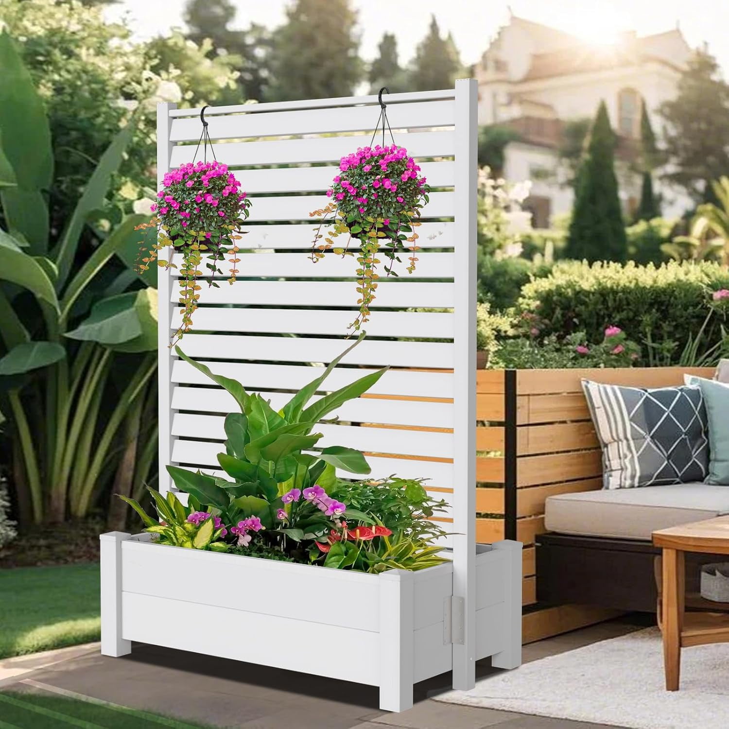 Lilypelle 43" W x 72" H PVC Air Conditioner Fence, Vinyl Decorative Fences for Outside with Planter Box, Outdoor Trash Can Privacy Screens Pool Equipment Enclosure White Panels,1 Panel