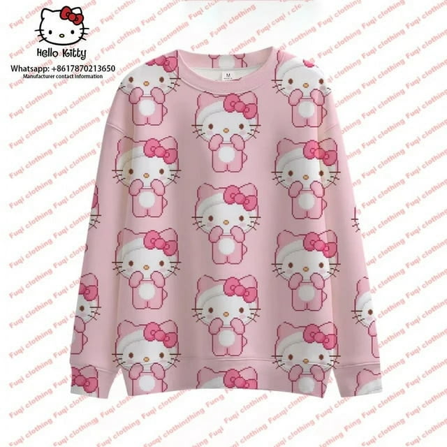 Hello Kitty Chandail à Col Rond Imprimé pour Femmes Automne Manches Longues Dessin Animé Décontracté Chandail à Col Rond chandail Décontracté