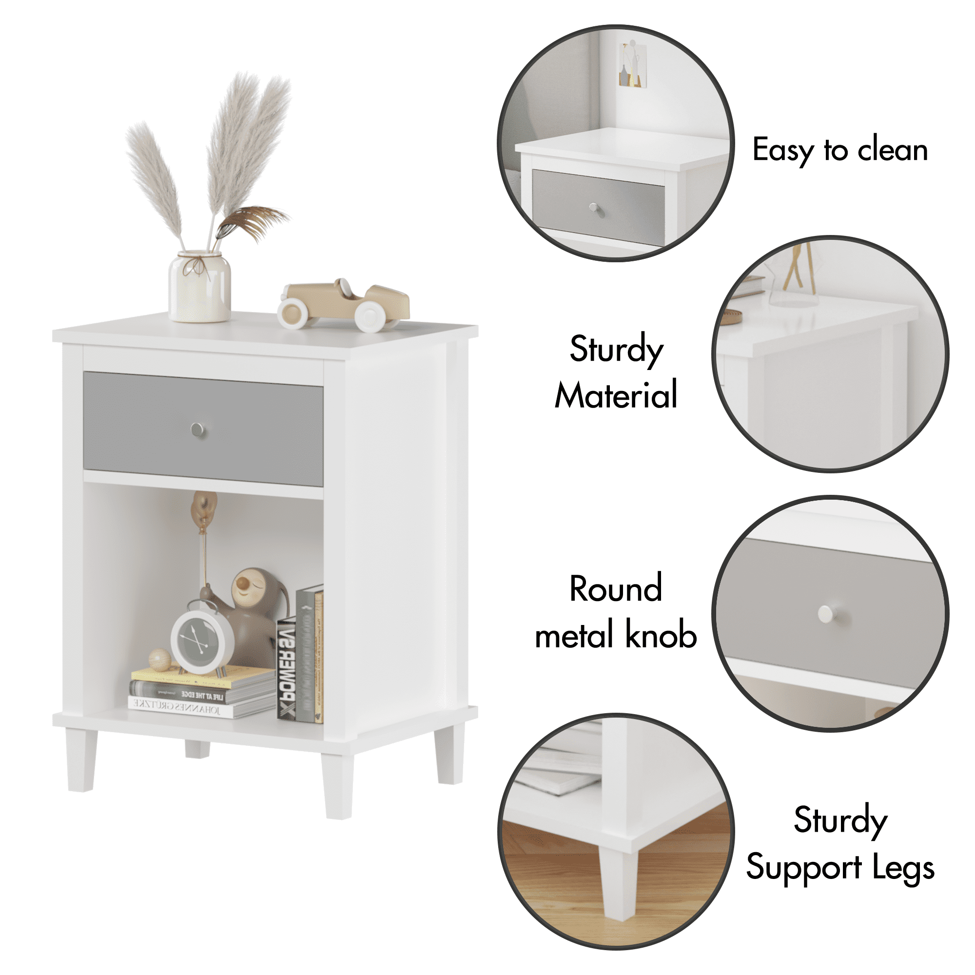 Wooden Nightstand with One Drawer & One Shelf for Kids,Adults,26.77''H,Gray