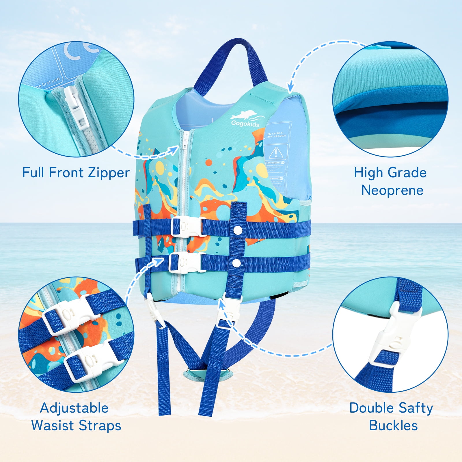 Gogokids Kids Life Jacket Swim Vest with Adjustable Safety Strap,Toddler Float Jacket Boys and Girls Float Swimsuit Buoyancy Swimwear