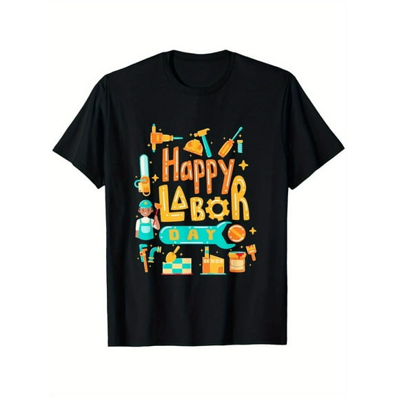 Men's Labor Day Appreciation T-Shirt - 100% Cotton Crew Neck Graphic Tee with Professional Tools Design, Comfortable Casual Top for Skilled Workers