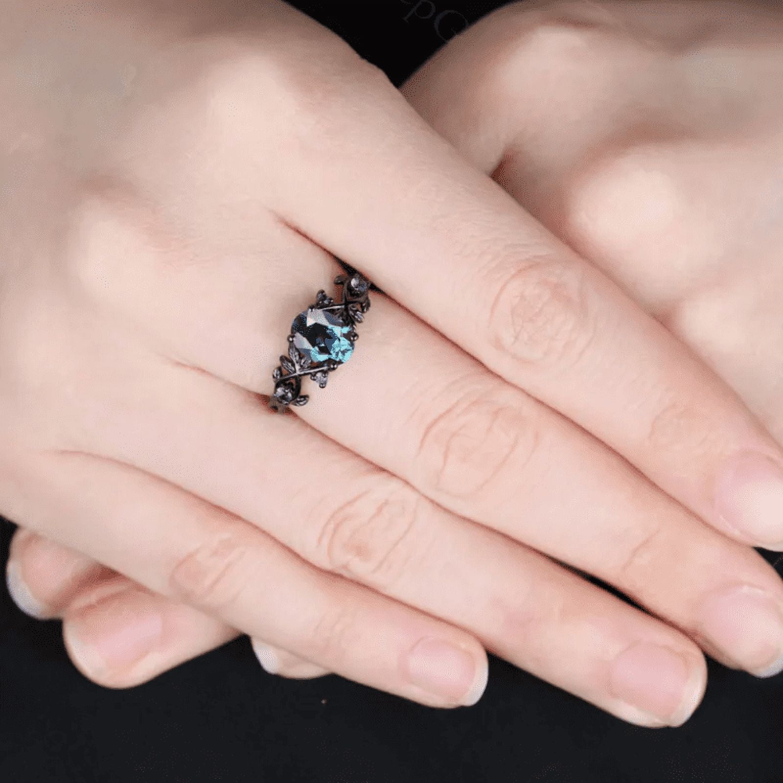Oval Cut Alexandrite Ring in 14K Black Gold Vermeil- Leaf Inspired Amethyst Engagement Ring- Promise Ring for Woman