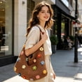 thumbnail image 6 of Woven Mesh Tote Bag, Crochet Shoulder Bag Knitted Handbag with Colorful Floral Embellishments for Beach Vacation Daily Use,Khaki, 6 of 7