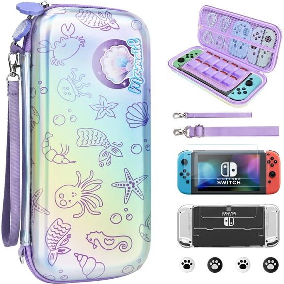 homicozy Carrying Case for Nintendo Switch OLED,Switch Accessories Set with Cute Mermaid Case,Soft TPU Cover, Screen Protector,Adjustable Strap,Thumb Grip Caps, Christmas Gift (Purple Mermaid)