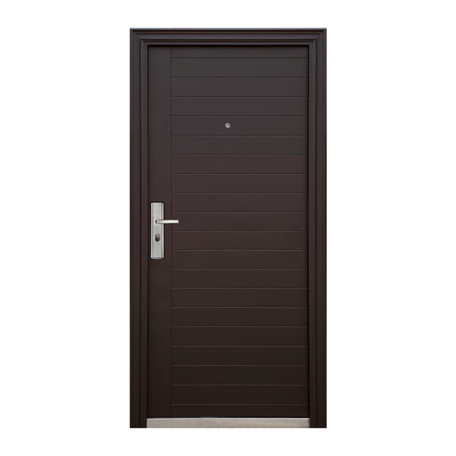 puerta de seguridad sevilla 95-205 cm apertura derecha 100% acero color chocolate, vista frontal centrada con paneles horizontales; marco de acero con chambrana y sello inferior metálico, manija exterior de acero y cerradura de seguridad visible en lado derecho. Mirilla telescópica al centro, 12 pasadores de seguridad en 4 niveles, 4 bisagras ocultas en el marco; ancho 95 cm, alto 2.05 m, grosor 5 cm.
