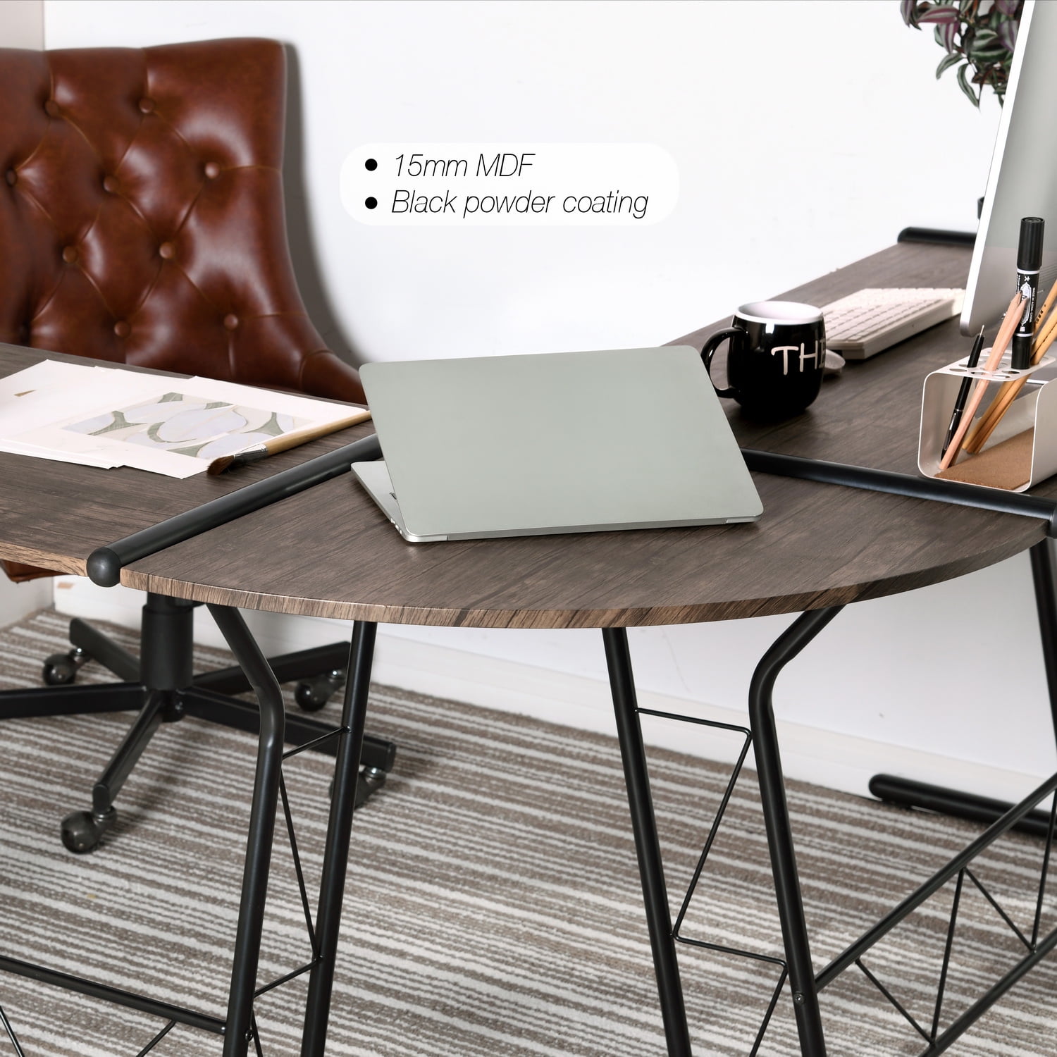 Kepooman L Shaped Desk, Round Corner Computer Desk Gaming Table Workstation for Home Office, Brown Kepooman L Shaped Desk, Round Corner Computer Desk Gaming Table Workstation for Home Office, Brown