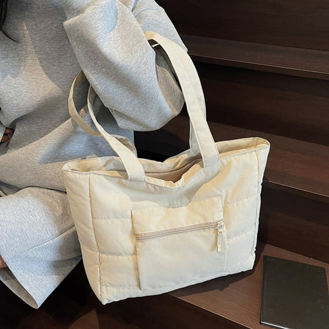 Beige Quilted Casual One Shoulder Computer Bag Large Capacity Tote Bag