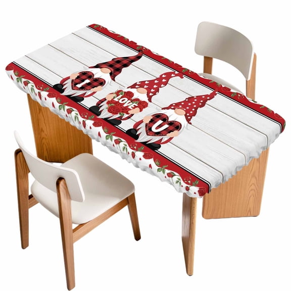 Valentine's Day Table Cloths for 6 Foot Rectangle Tables, Vintage Love Heart Romantic Roses Gnomes Patio Waterproof Elastic Fitted Tablecloths, Washable Rectangular Table Cover for Camping