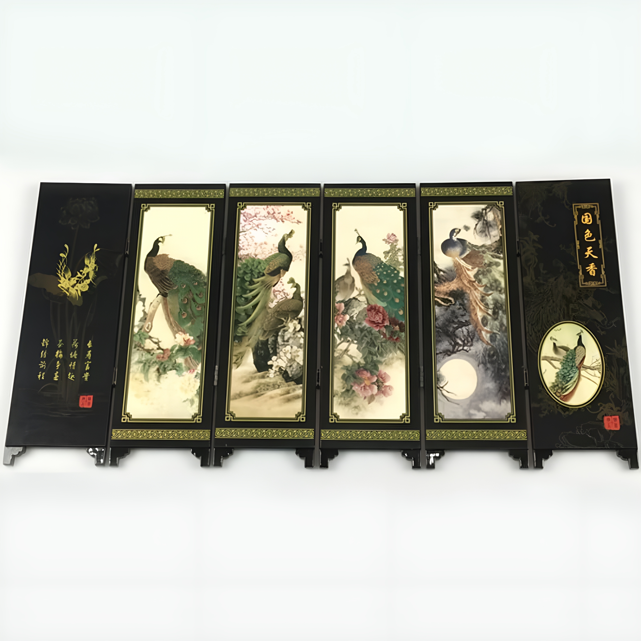 LAMIRO 6-Panel Peacock Screen Room Divider Wood Folding Partition