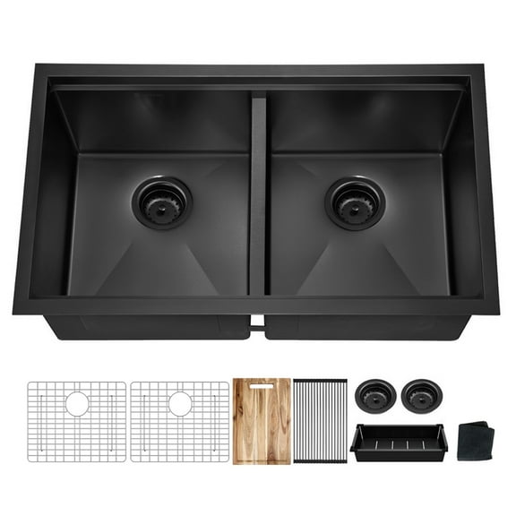 33 inch Double Bowl Black Undermount Workstation Stainless Steel Sink, 18 Gauge Single Bowl Stainless Steel 10" Deep Under Counter Kitchen Sink Basin with Multifunctional Accessories