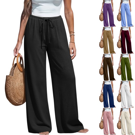 Wide Leg Palazzo Pants for Women Drawstring Elastic Waist Solid Pants Causal Summer Beach Vacation Pants, 2XL