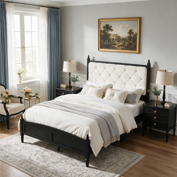 Miniyam Queen Bed Frame with Upholstered Headboard and Footboard, Diamond-Tufted Farmhouse Bed, Black and Beige
