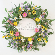 WEZEHO 22 inch Spring Wreaths for Front Door with Hello Sign, Colorful Little Daisies, Spring Summer Decoration
