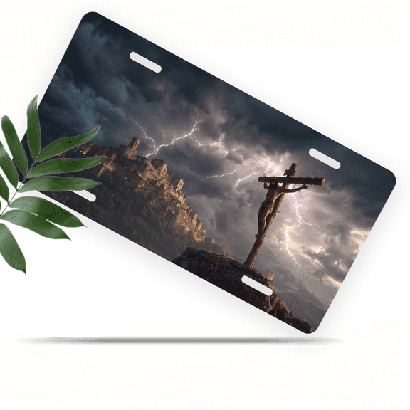 1 Pcs 2D Flat License Plate Covers & Frames, Crucifixion Scene For Decorative Front, Waterproof For Decoration Aluminum License Plate Covers & Frames Cover For Men Women, 12" X 6"