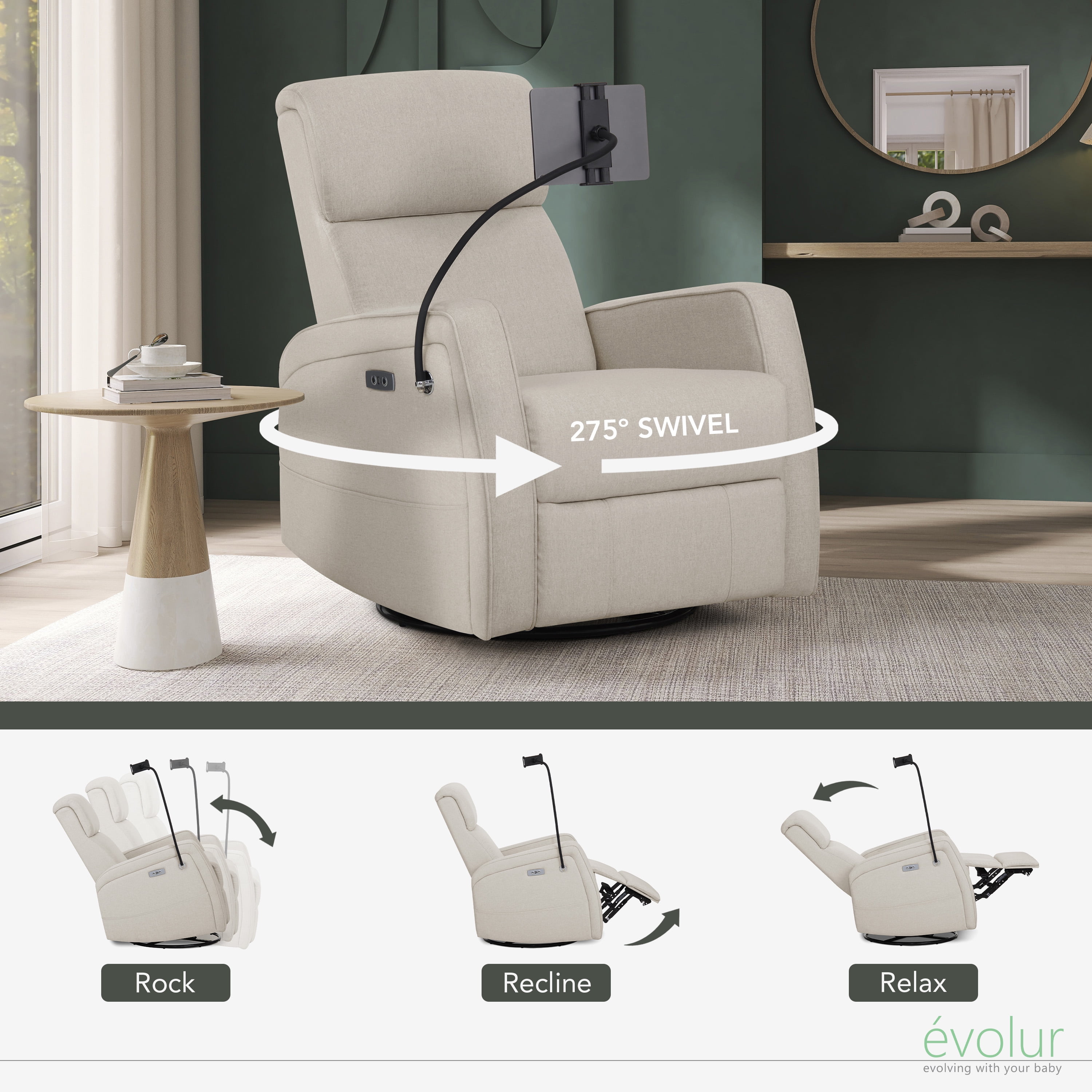 Buybuy BABY by Evolur Maverick Power Recline Glider with Device Holder, Light Sand