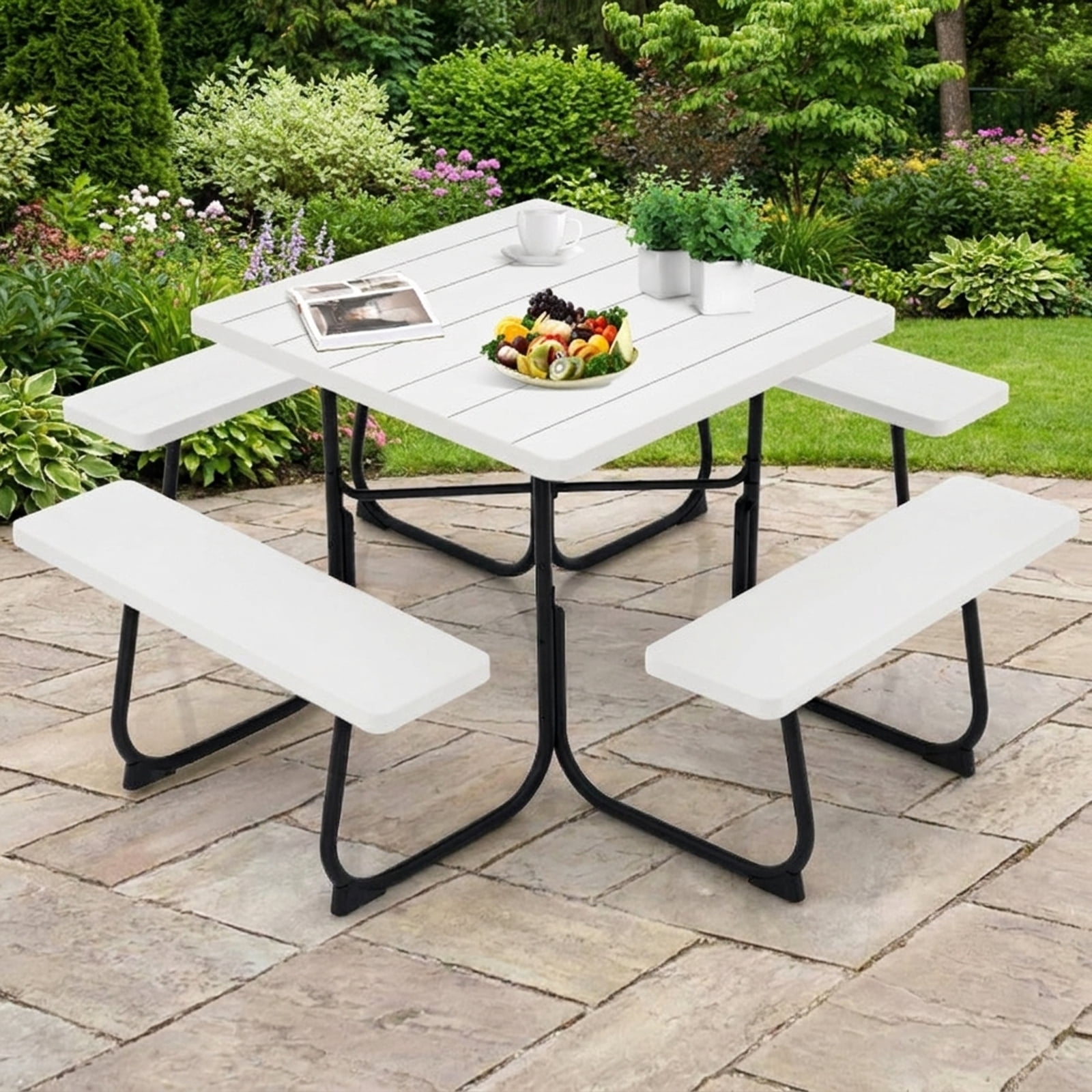 Biotree Outdoor Picnic Table with 4 Benches and Umbrella Hole 67-Inch Round Metal and HDPE Patio Table for Backyard Garden and Deck, White