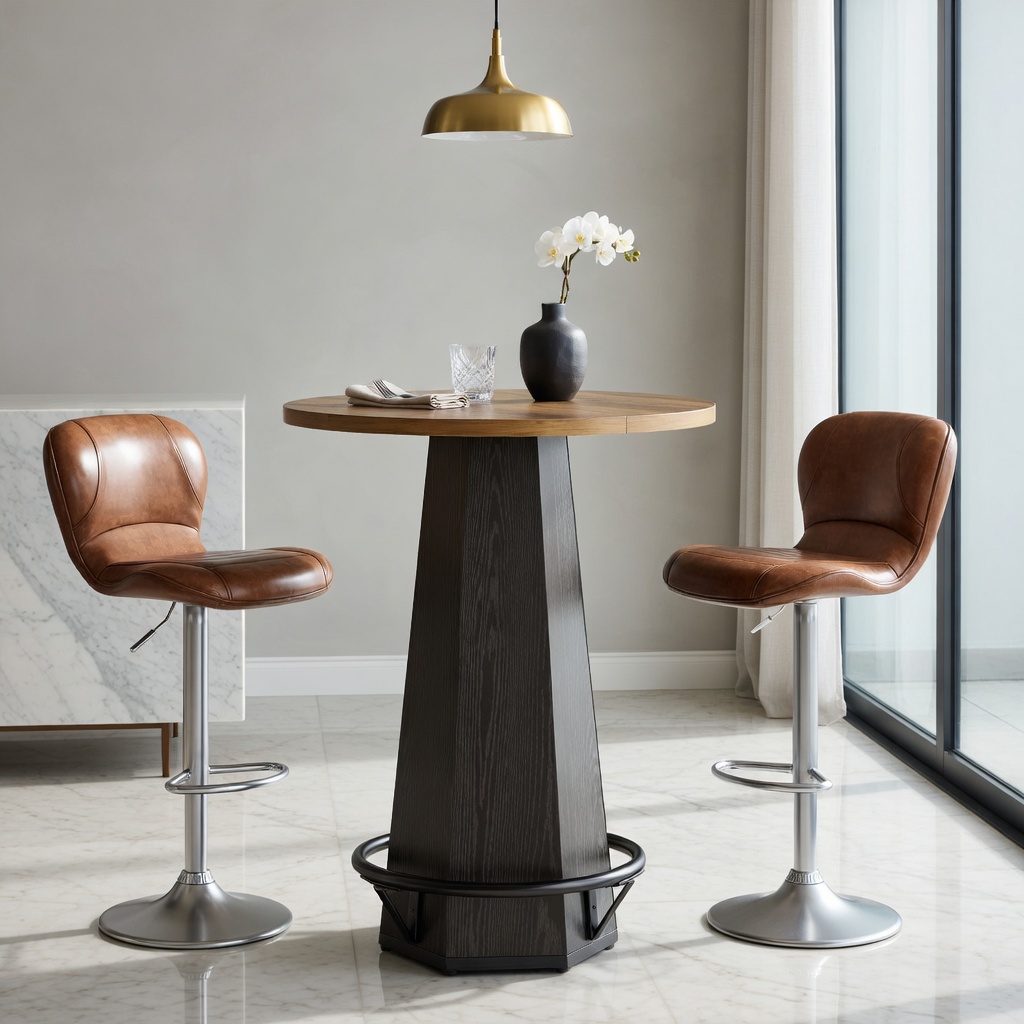 Hommoo 31.5 Inch Round Bar Table with Hexagonal Base & Metal Footrest, Industrial-Style Bistro Pub Cocktail Table for Home Bar, Cafe, or Kitchen Island, Black