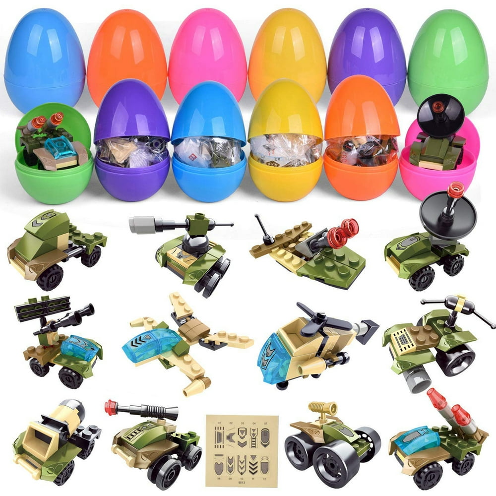 12 PCS Filled Easter Eeggs with Vehicles Building Blocks Easter Basket