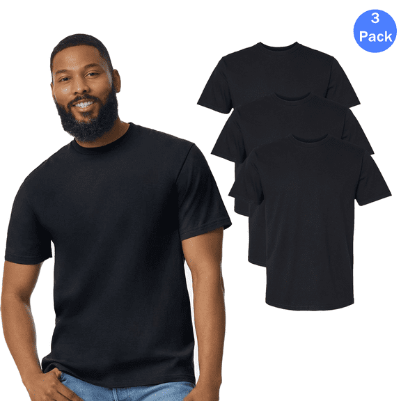 Gildan Short Sleeve T-Shirt, Men's Black Midweight Shirt Softstyle Crewneck Tee Pack of 3, Size L