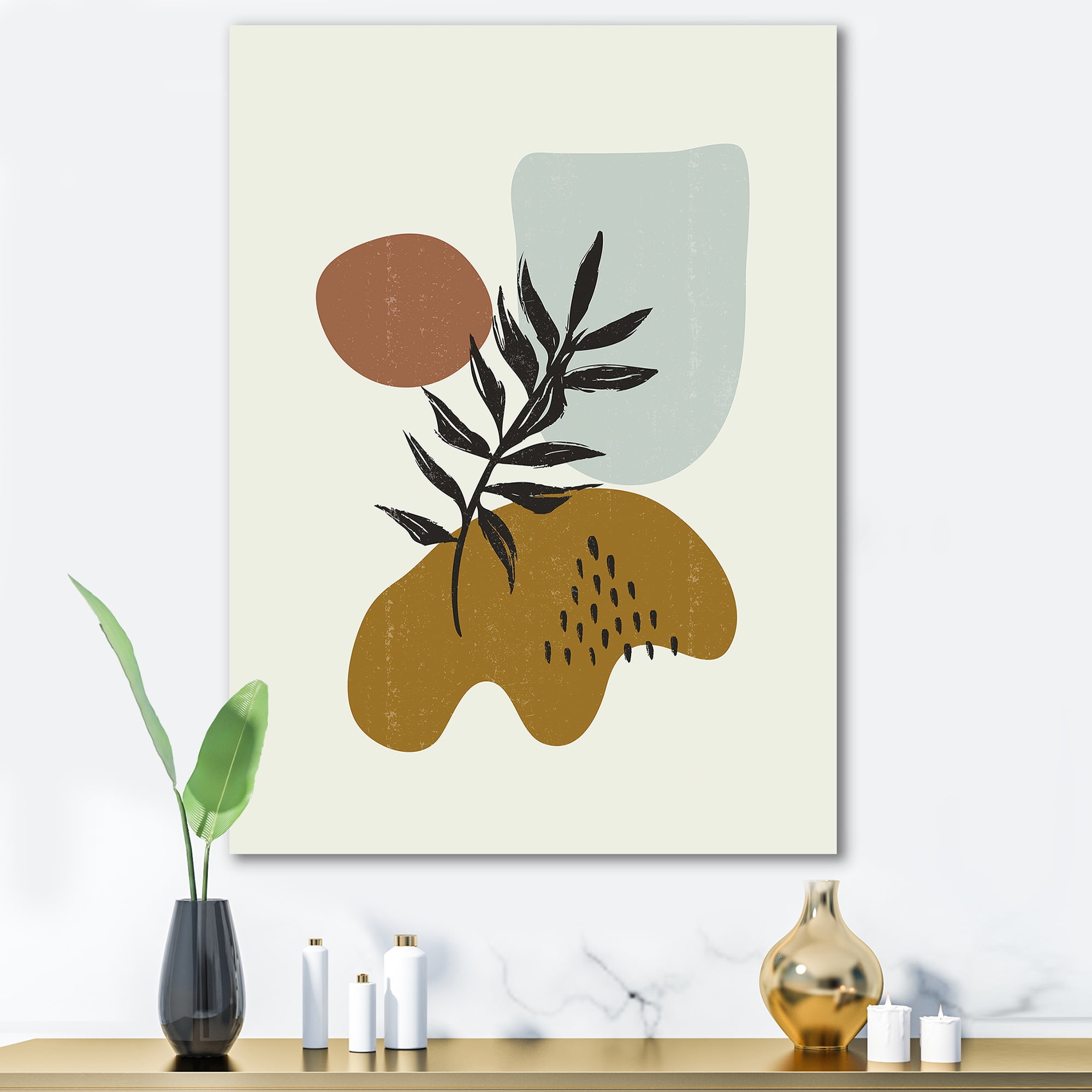 Designart ' Abstract Shapes With Botanical Minimalist Leaf II ' Modern Canvas Wall Art Print