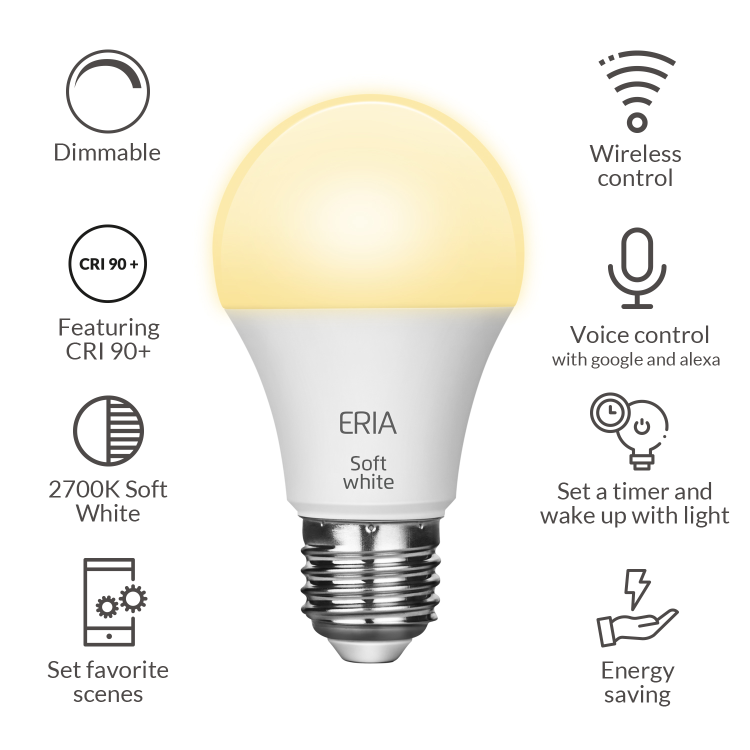AduroSmart ERIA Soft White Smart A19 Light Bulb CRI 90+, 60W Equivalent, Hub Required