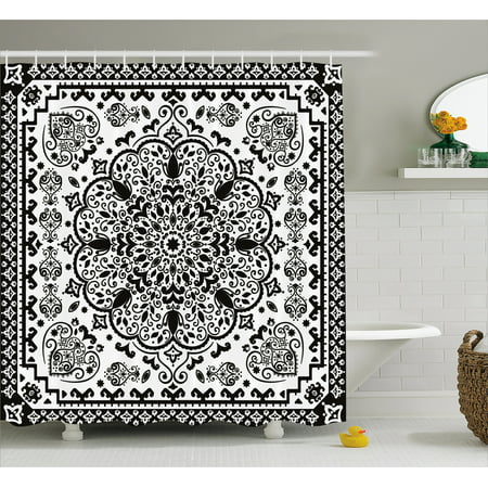 India Shower Curtain, Ethnic Mandala Floral Lace Paisley Mehndi Design Tribal Lace Image Art Print, Fabric Bathroom Set with Hooks, 69W X 70L Inches, Black and White, by (Best Rangoli Designs In India)