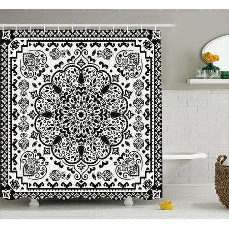 Ethnic Shower Curtain, Ethnic Mandala Floral Lace Paisley Mehndi Design Tribal Lace Image Art Print, Fabric Bathroom Set with Hooks, 69W X 75L Inches Long, Black and White, by (New Best Mehndi Design)