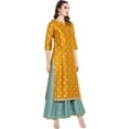 thumbnail image 4 of Janasya Summer Boho Round Neck Short Sleeve Floral Mustard Poly Georgette Flowy Midi Dress For Women, 4 of 9
