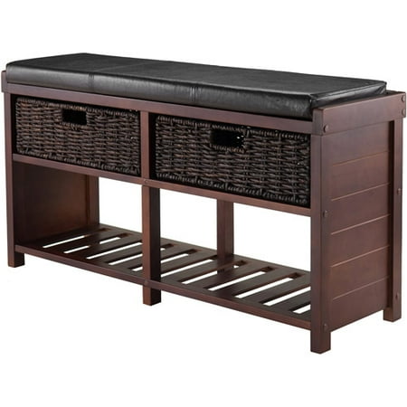 Winsome Wood Colin Cushion Bench w/ 2 Baskets, Cappuccino