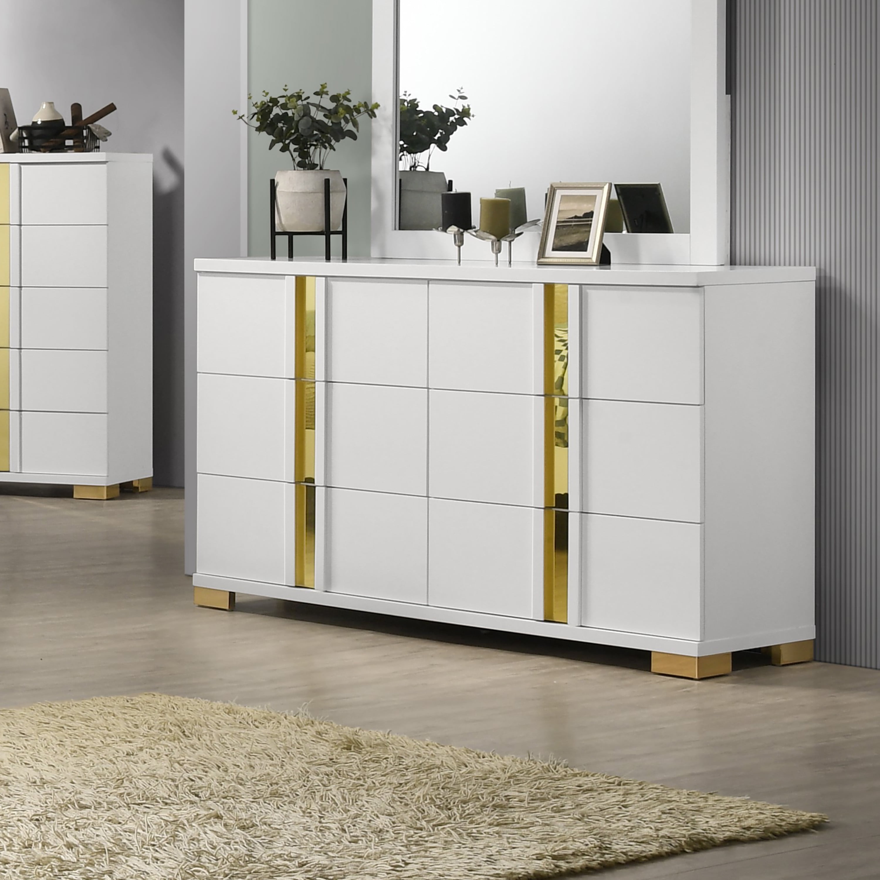 Furniture of America Chora Adult Modern 6-Drawer Dresser, White and Gold