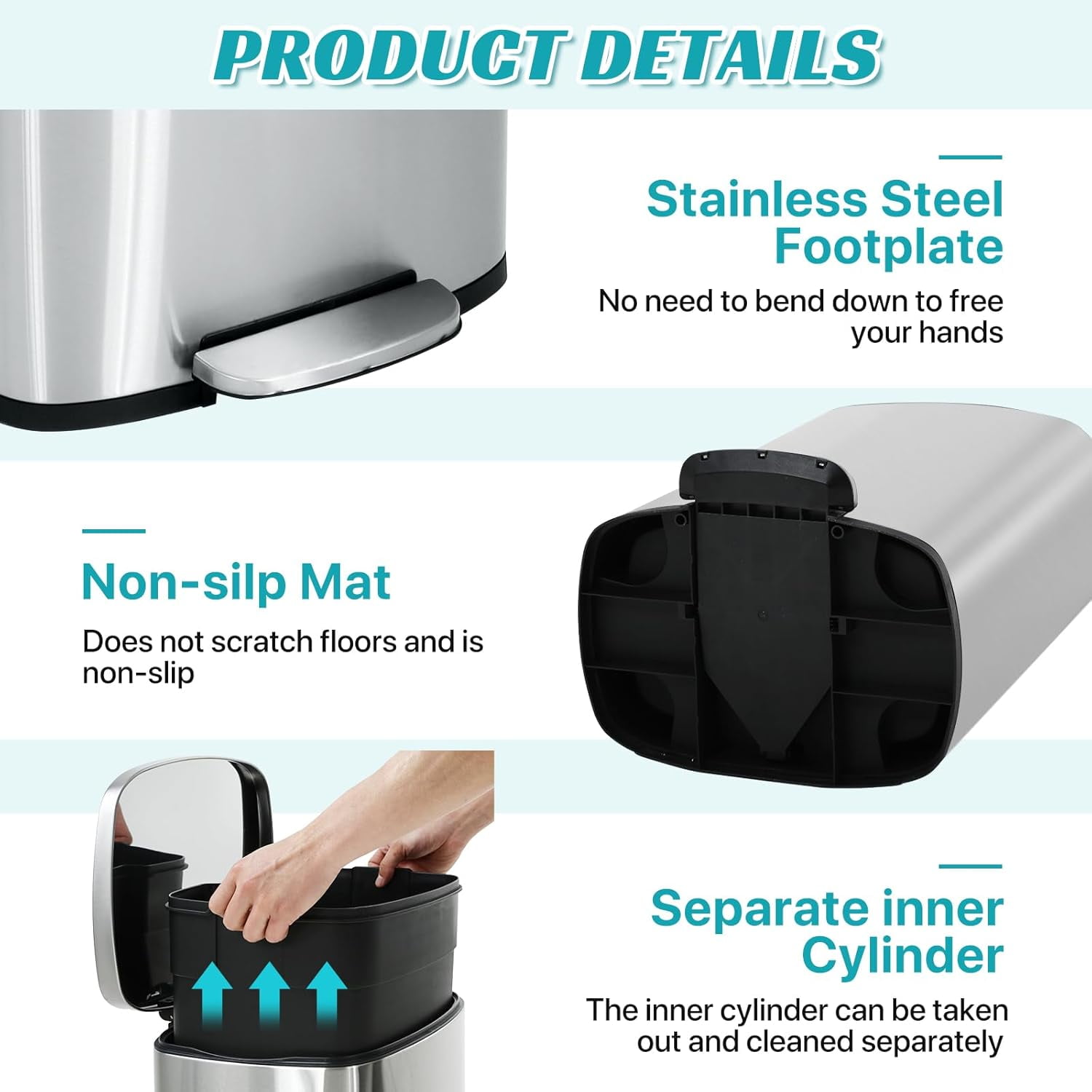 BIQWBIC 13 Gallon Kitchen Trash Can with Soft Close Lid, Foot Pedal and Inner Bucket, Stainless Steel