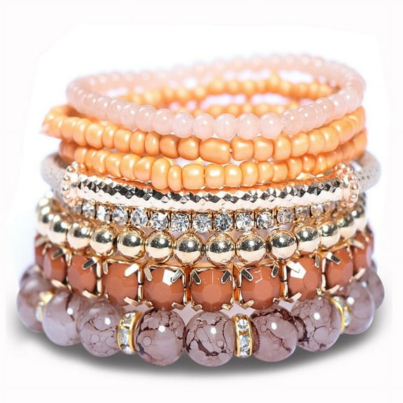 Namzi-b Bohemian Stackable Bead Bracelets for Women Multicolor Stretch Beaded Bracelets Layered Bead Adjustable Bracelet Stretch Bracelets(Light Red )