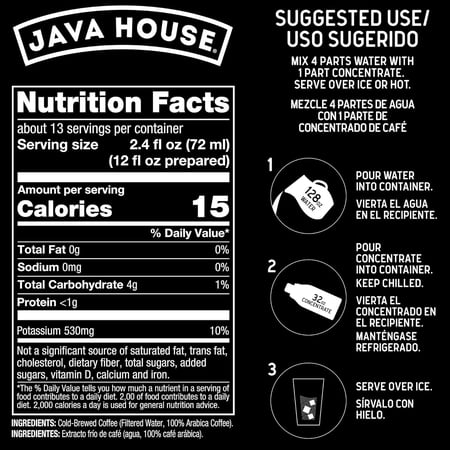 JAVA HOUSE COLD BREW COFFEE CONCENTRATE – PREMIUM 100% ARABICA BLACK COLD BREW – SMOOTH FLAVOR WITH MOLASSES AND COCOA NOTES – 32OZ BOTTLE (MAKES 20 CUPS) – 4:1 CONCENTRATE, SERVE HOT OR ICED