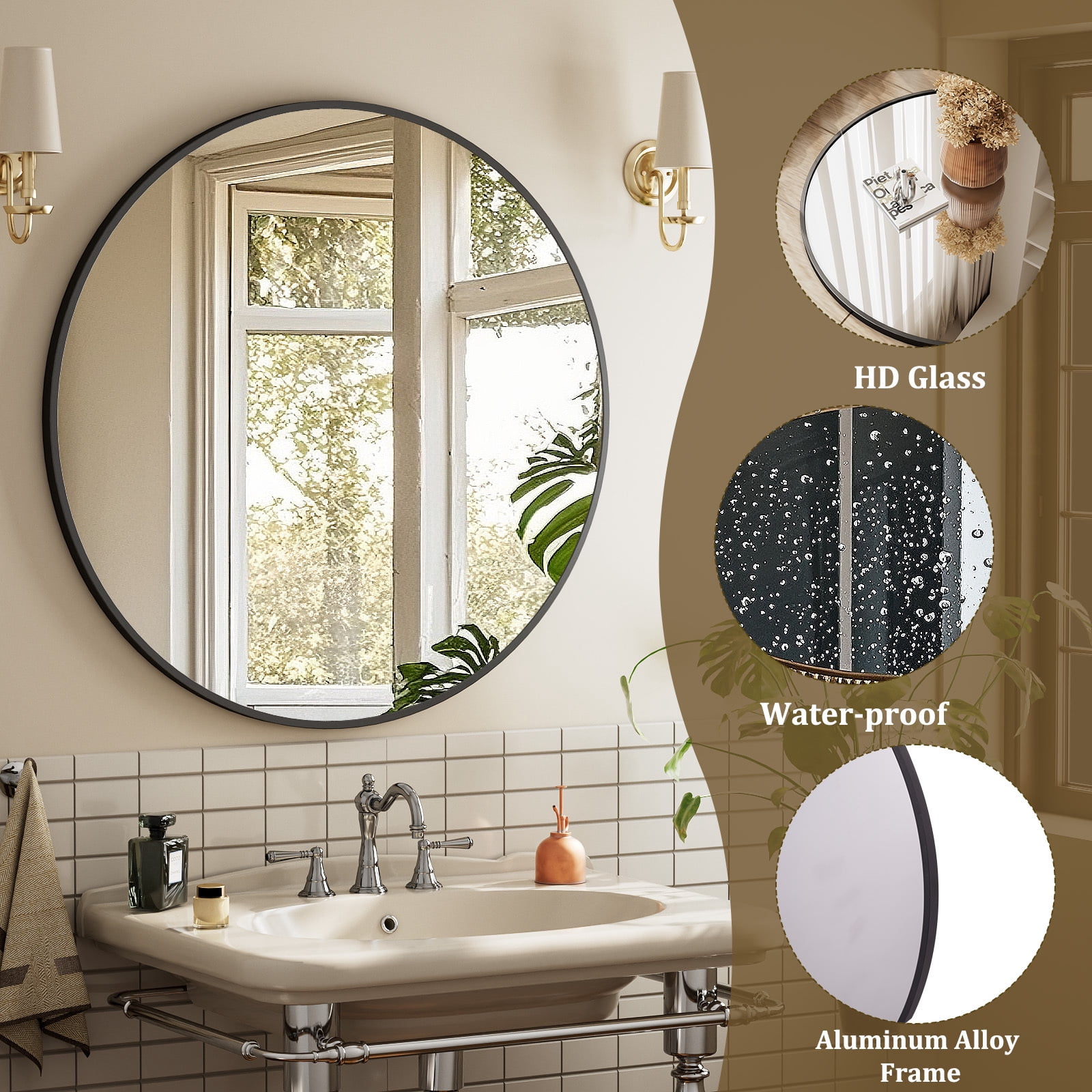 Mirstory 30" Bathroom Mirror Round Wall Mirror Vanity Mirror with Metal Frame, Black