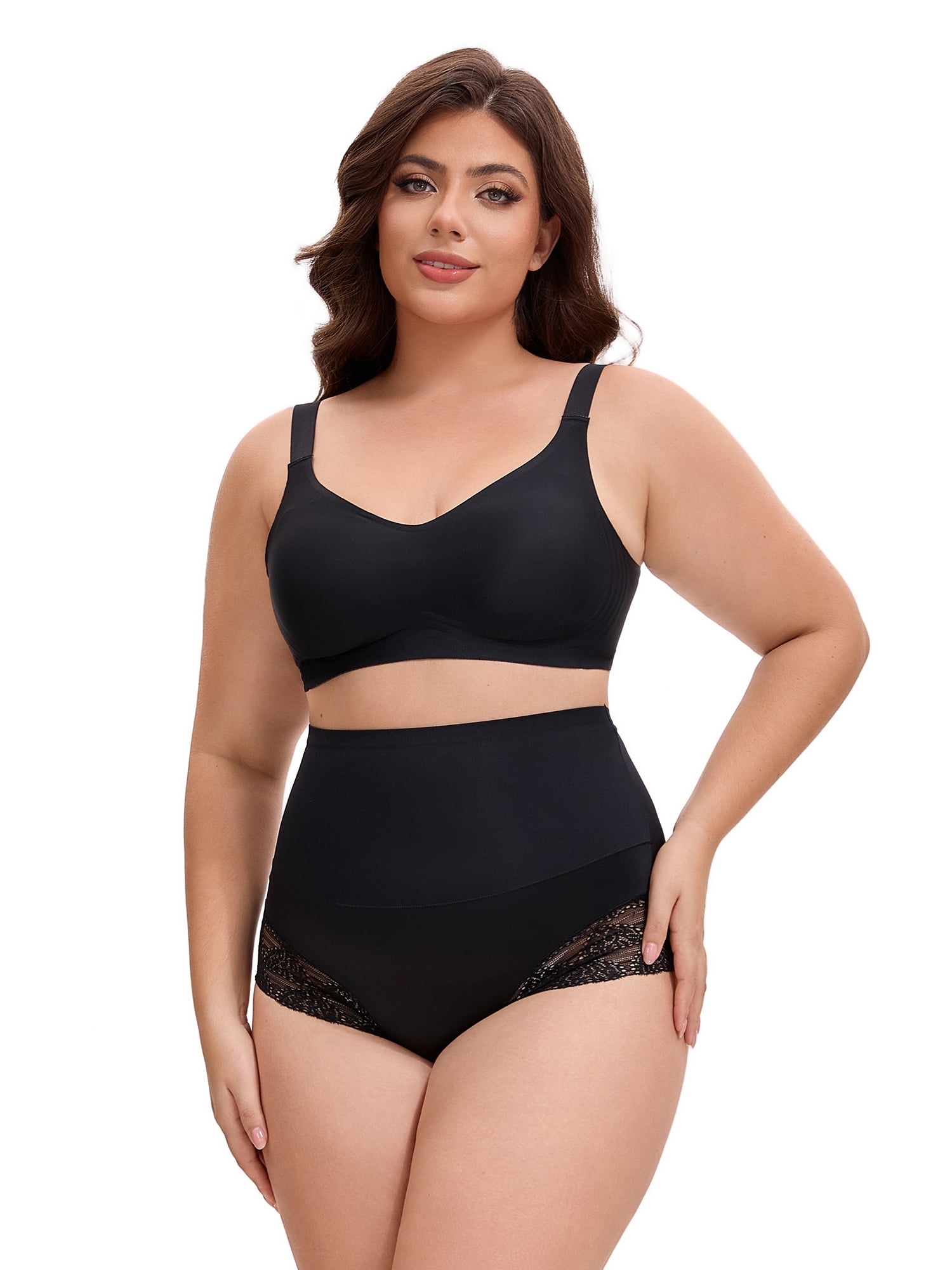 Unique Bargains Lace Trimmed High Waisted Tummy Briefs 2XL Black
